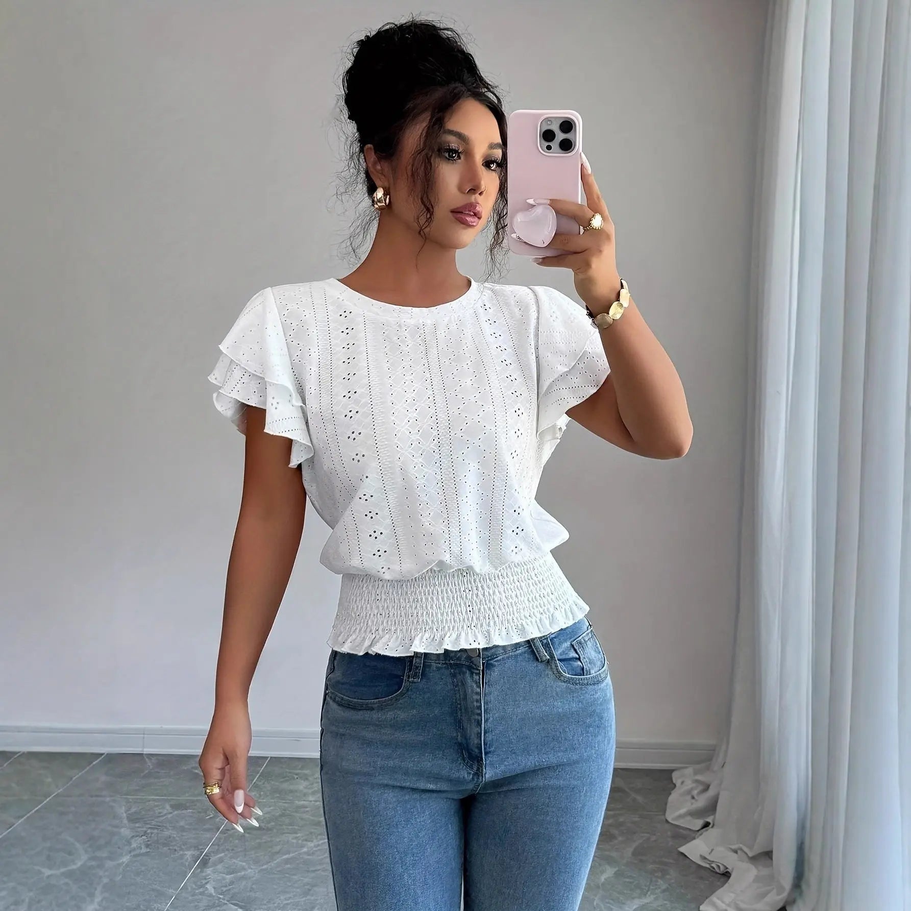 Jacquard Solid-color Crewneck Ruched Batwing-sleeve Short-sleeve Shirt Know You're Still Able