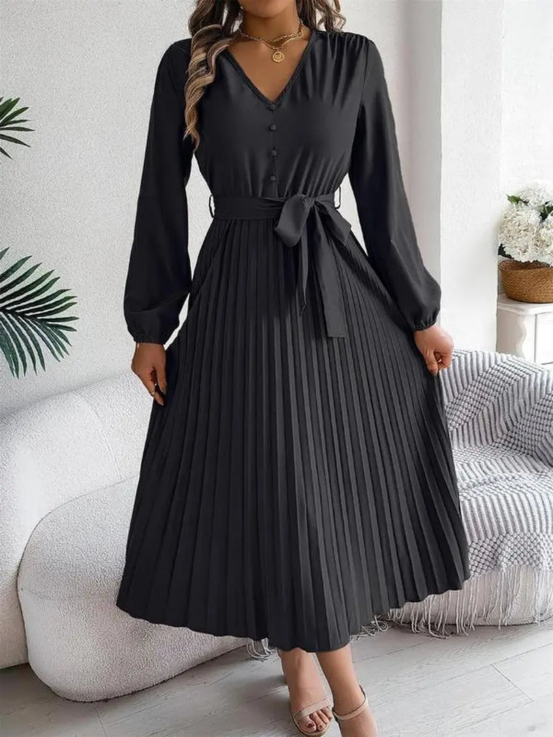 Women'S Plain Pleated Belted Button a Line Dress, Modest Style Dress, Casual Bishop Sleeve V Neck Long Dress for Spring & Fall, Women'S Clothing for Daily Wear
