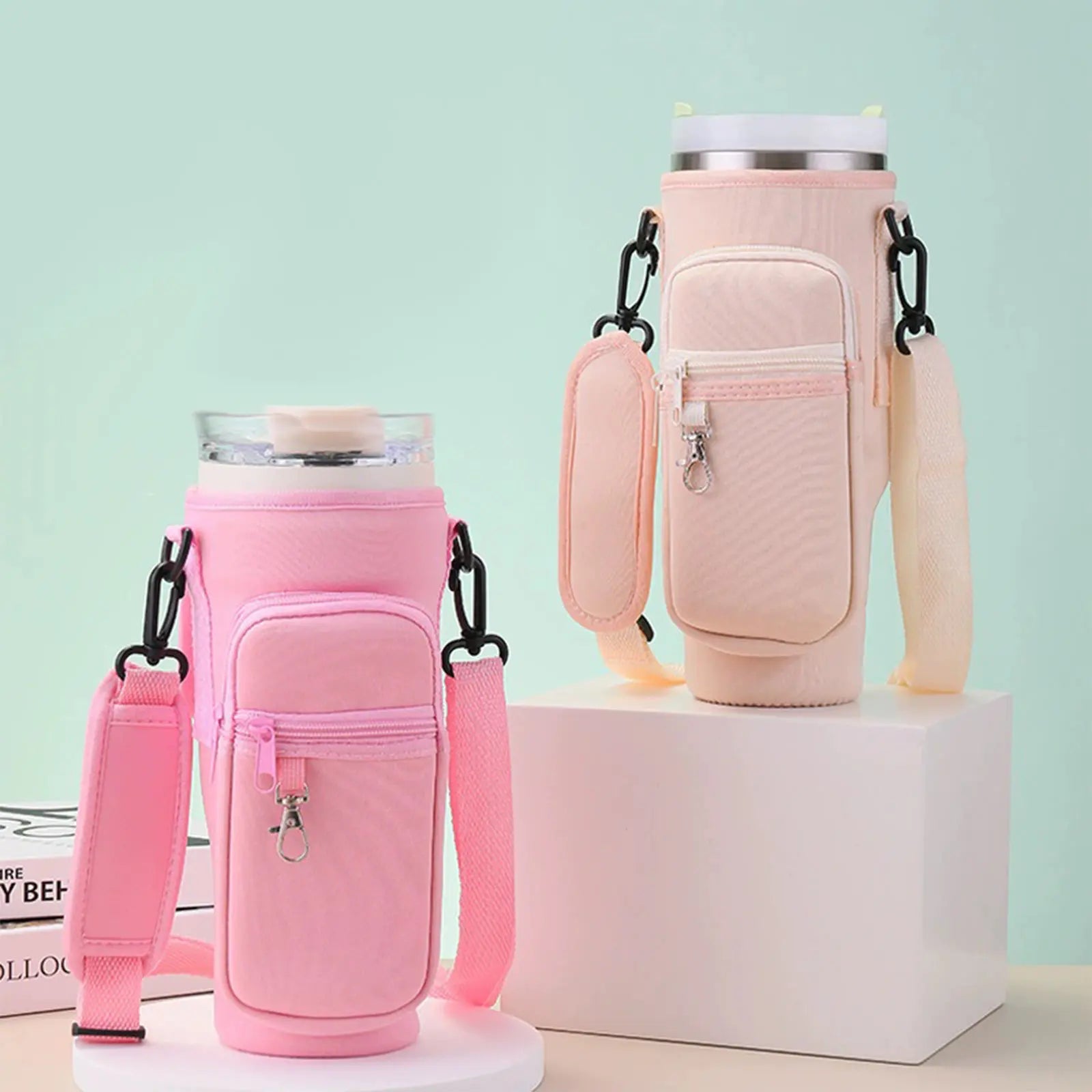 Water Bottle Carrier Bag with Shoulder Strap, Drink Carrier, Multi-Pocket Tumbler Holder Fit for 30–40Oz Tumblers, Large Capacity Storage for Phone, Cards, Keys and Cash, Durable Portable Cup Sleeve for Walking, Travel, Gym and Daily Use