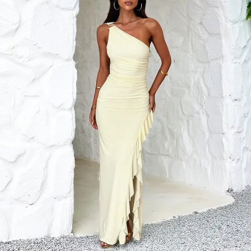 Women's Slant-Shoulder Ruffle-Front Split Dress Know You're Still Able