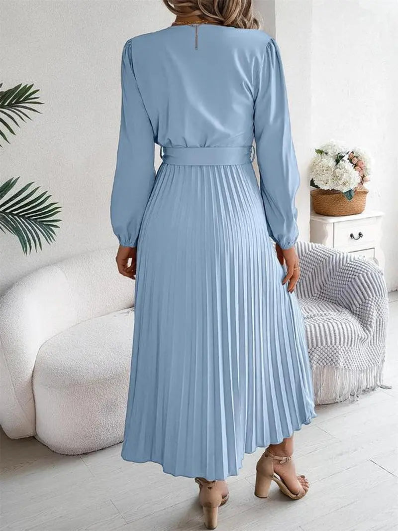 Women'S Plain Pleated Belted Button a Line Dress, Modest Style Dress, Casual Bishop Sleeve V Neck Long Dress for Spring & Fall, Women'S Clothing for Daily Wear